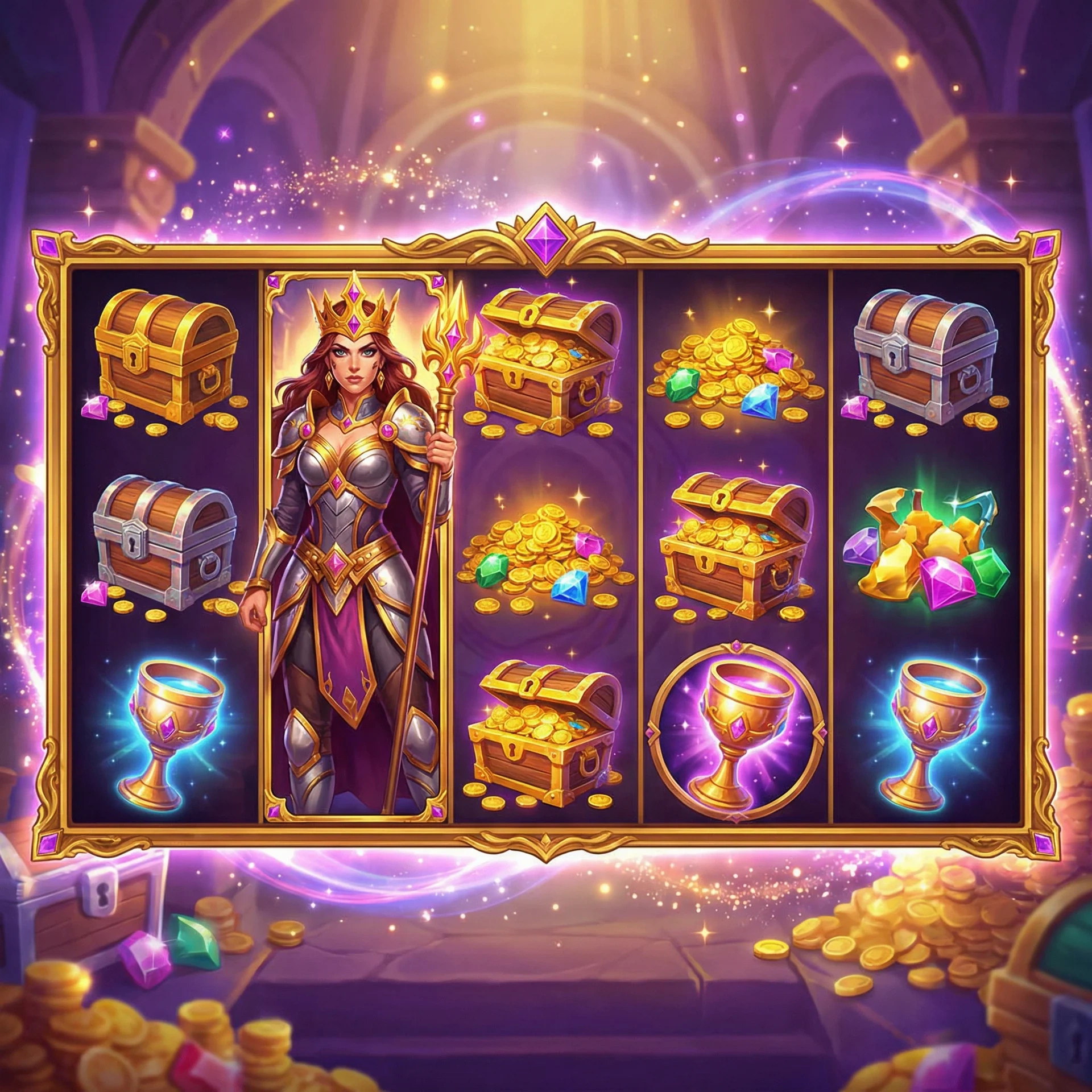 赏金女王游戏中华丽的女王角色和宝藏场景